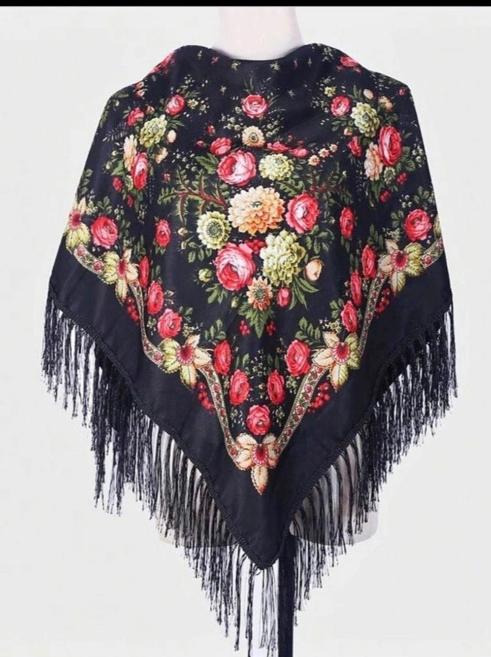 Floral Royal Fringe Poncho Black & Orange